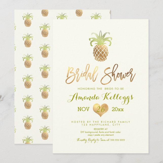 Invitation PixDezines Fête des mariées/Faux Gold/Ananas (Devant / Derrière)
