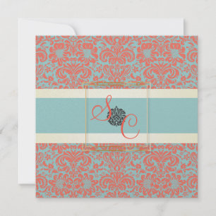 Invitation PixDezines Fidora Seafoam+Coral Damask Vintage