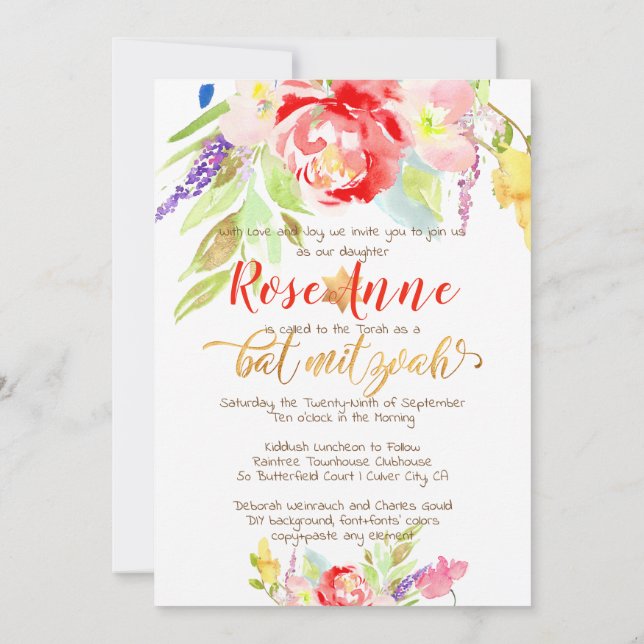 Invitation PixDezines Fleurs Aquarelle de Printemps Bar Mitzv (Dos)