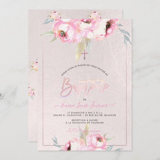 Invitation PixDezines Fleurs aquarelles Peonies Baptême (Devant / Derrière)