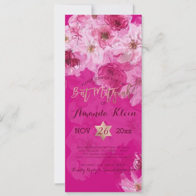 Invitation PixDezines Floral Watercolor Bat mitzvah (Devant)