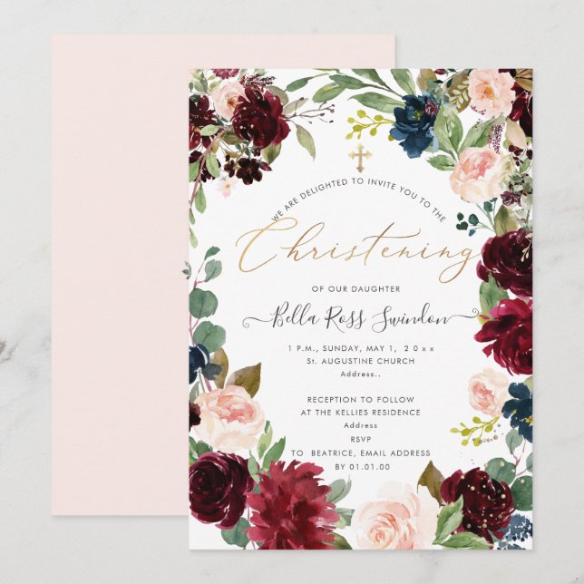 Invitation PixDezines Flush FlowersAquarelle Christening (Devant / Derrière)