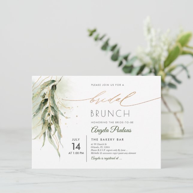 Invitation PixDezines Green Gold Eucalyptus Bridal Brunch (Debout devant)