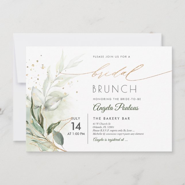 Invitation PixDezines Green Gold Eucalyptus Bridal Brunch Inv (Devant)