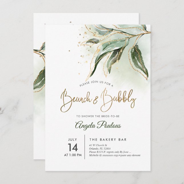 Invitation PixDezines Green Gold Eucalyptus Brunch (Devant / Derrière)