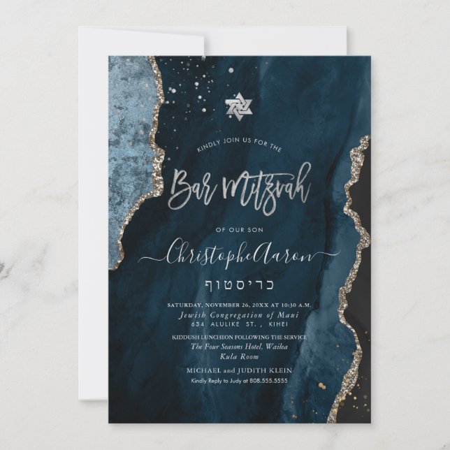 Invitation PixDezines H2 Agate, Argent bleu ardoise Mitzvah (Devant)
