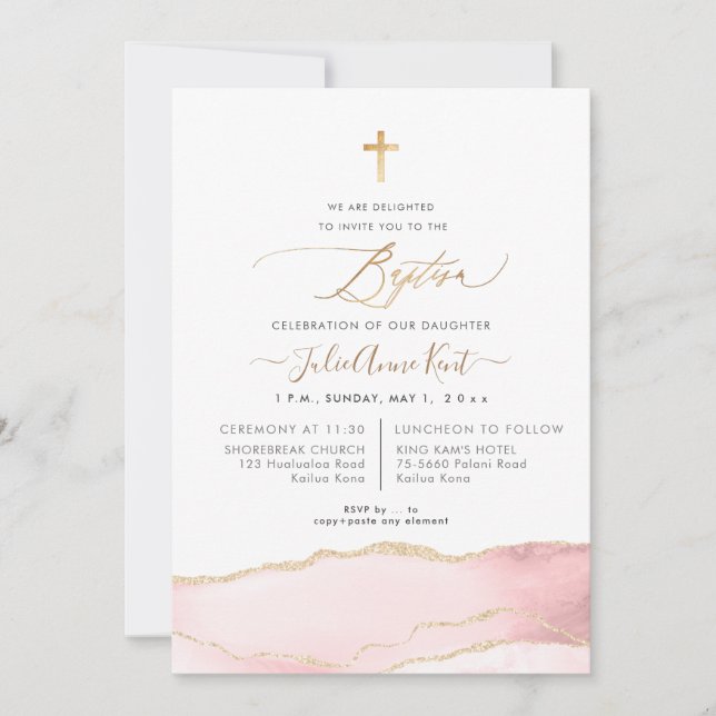 Invitation PixDezines H2 Agate Blush Pink Gold Baptism (Devant)