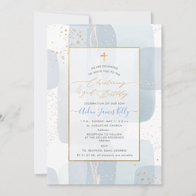 Invitation PixDezines H2 Bleu Christening+2e Anniversaire (Devant)