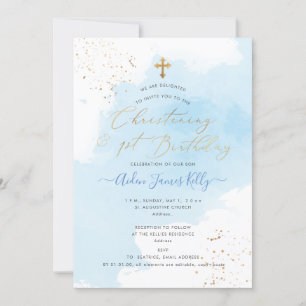 Invitation PixDezines H2 Blue Christening + 1st Birthday