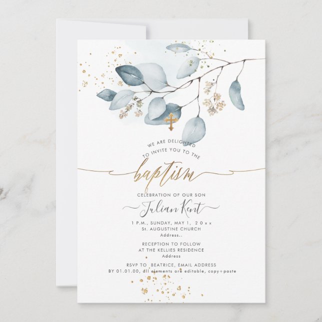 Invitation PixDezines H2 Blue Gum Eucalyptus Baptême (Devant)