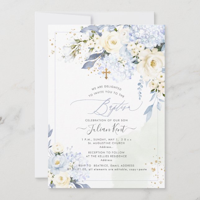 Invitation PixDezines H2 Blue Hydrangeas Crème Roses Baptême (Devant)