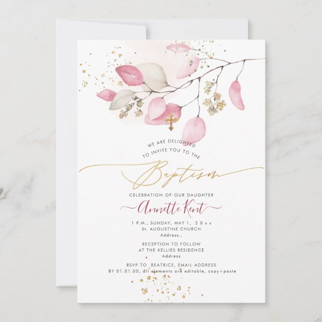 Invitation PixDezines H2 Blush Gum Eucalyptus Baptême (Devant)