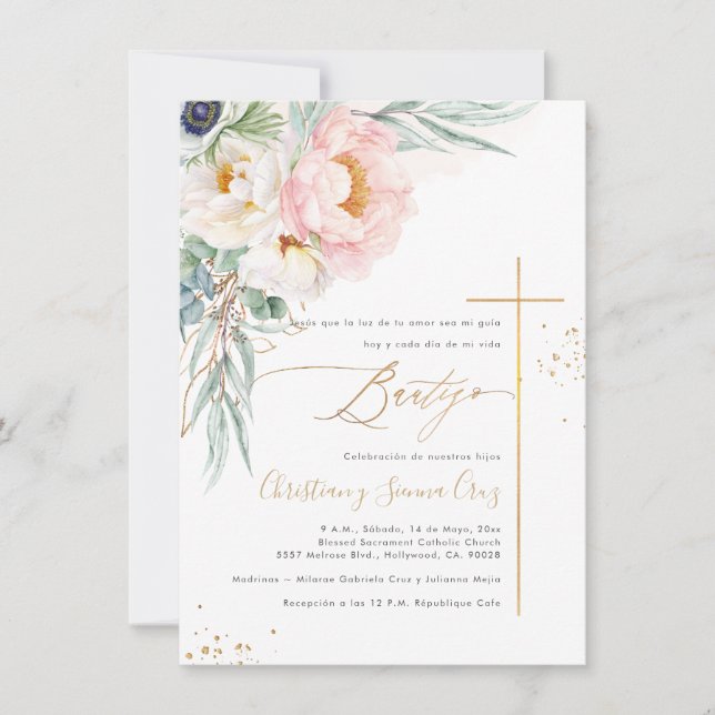 Invitation PixDezines H2 Blush Peonies Eucalyptus Bautizo (Devant)