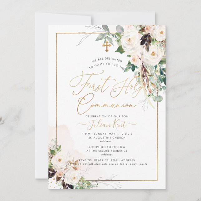 Invitation PixDezines H2 Blush Roses première sainte communio (Devant)