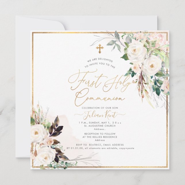 Invitation PixDezines H2 Blush Roses première sainte communio (Devant)