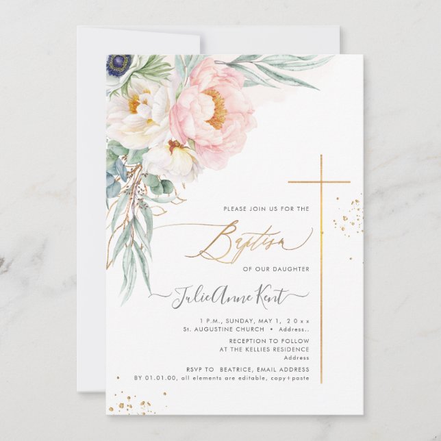 Invitation PixDezines H2 Blush White Peonies Baptême (Devant)