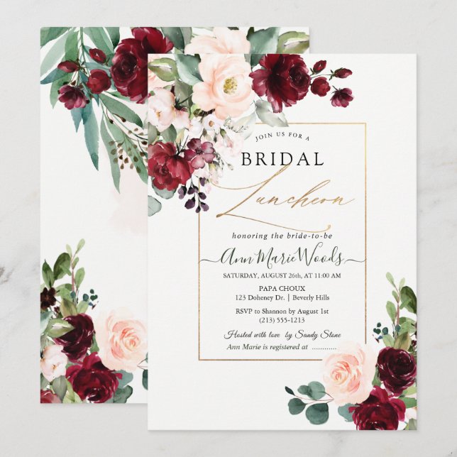 Invitation PixDezines H2 Burgundy Blush Bridal Luncheon (Devant / Derrière)