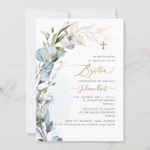 Invitation PixDezines H2 Dusty Blue Gum Foliage Baptême