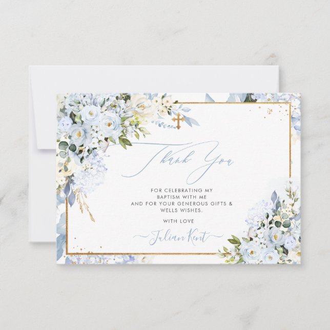 Invitation PixDezines H2 Dusty Blue Roses Baptême Merci (Devant)