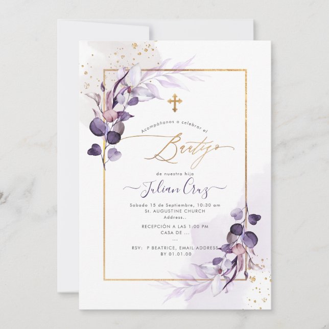 Invitation PixDezines H2 Eggplant Eucalyptus Bautizo (Devant)