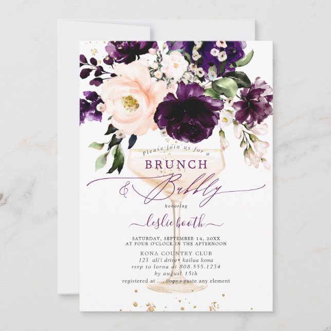 Invitation PixDezines H2 Eggplant Peonies Rose BrunchBubbly (Devant)