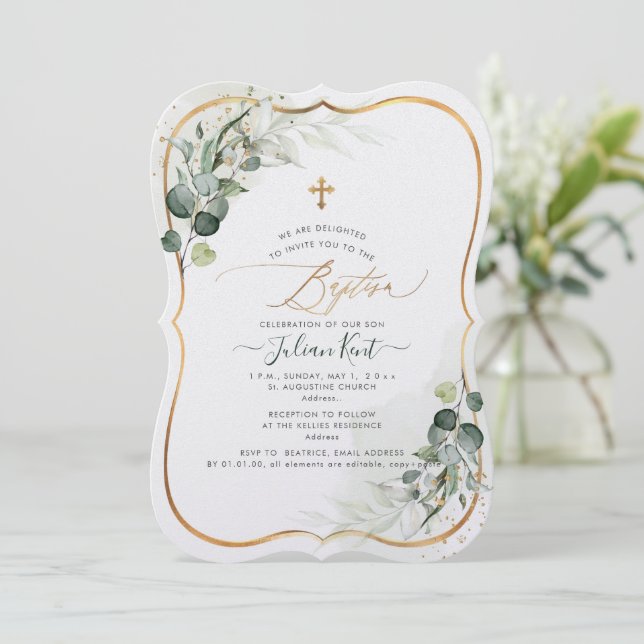 Invitation PixDezines H2 Eucalyptus Baptême (Debout devant)