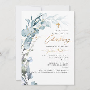 Invitation PixDezines H2 Eucalyptus baptême Bleu Gomme