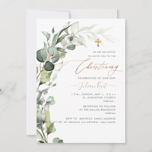 Invitation PixDezines H2 Greenery Gum Foliage Christening Inv (Devant)