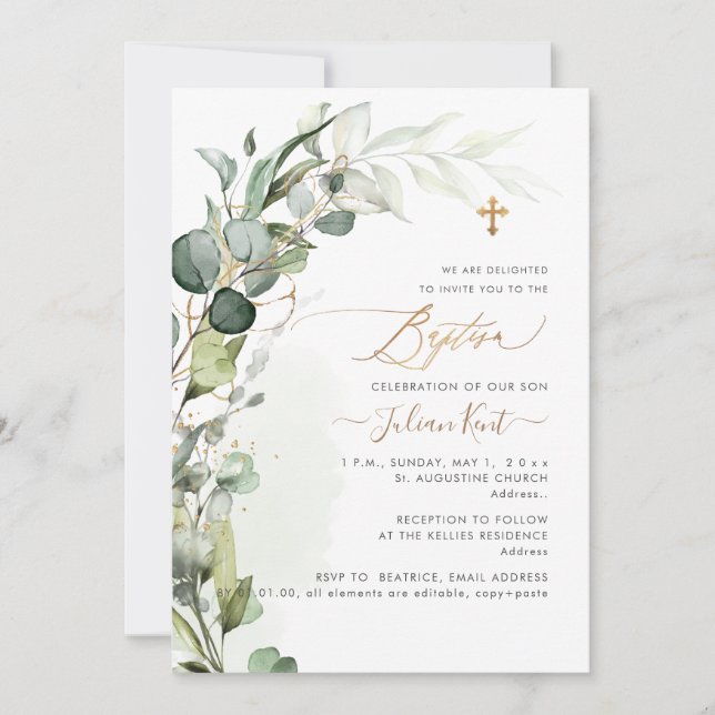 Invitation PixDezines H2 Greenery Gum Foliage Premier Baptême (Devant)