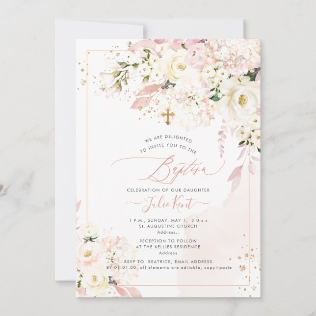 Invitation PixDezines H2 Hydrangeas Blush Rose Baptême (Devant)