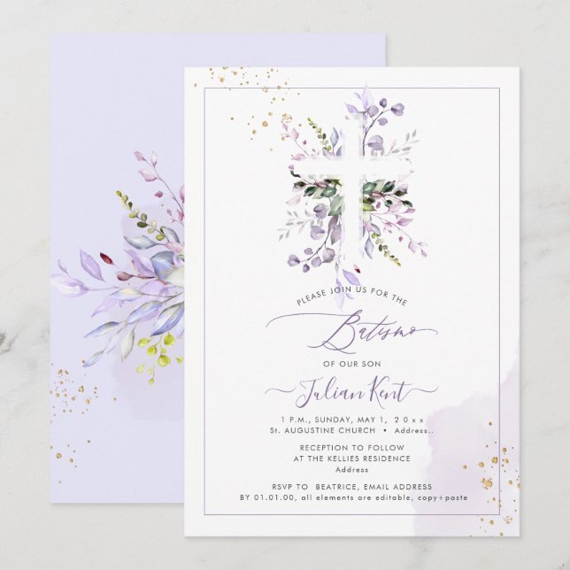 Invitation PixDezines H2 Lilac Purple Eucalyptus Batismo (Devant / Derrière)