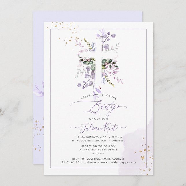 Invitation PixDezines H2 Lilac Purple Eucalyptus Bautizo (Devant / Derrière)