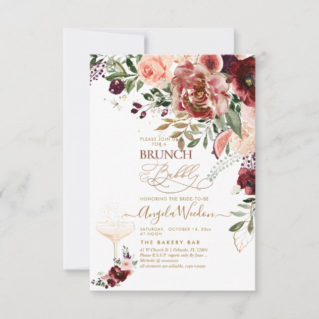 Invitation PixDezines H2 Marsala Rouge Autumn Brunch & Bubbly (Devant)
