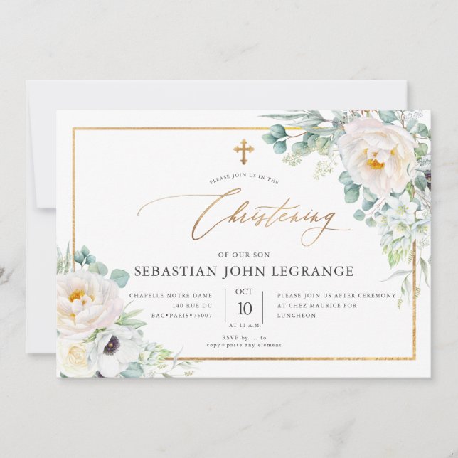 Invitation PixDezines H2 Peonies Eucalyptus Christening (Devant)