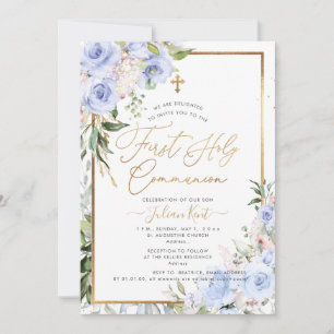 Invitation PixDezines H2 Roses Bleus Première Communion Saint