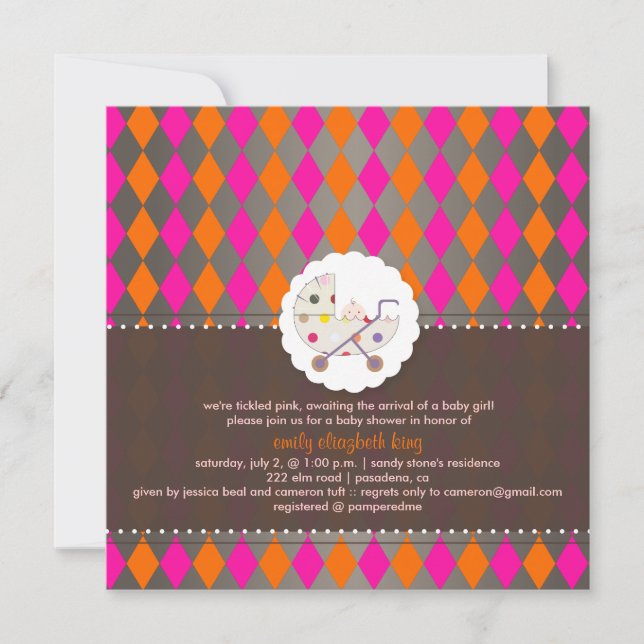 Invitation PixDezines harlequin/rose+orange/baby shower/DO-IT (Devant)