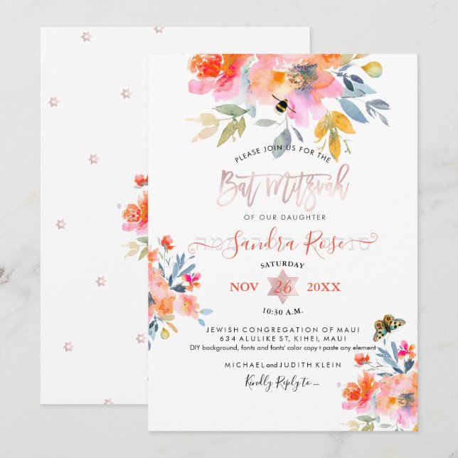 Invitation PixDezines Jardin Rose Bat mitzvah aquarelle (Devant / Derrière)