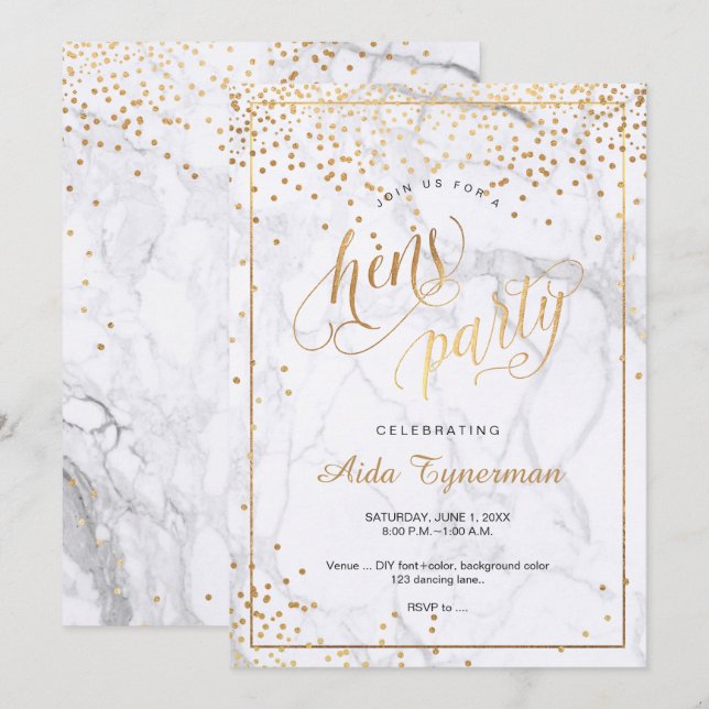 Invitation PixDezines Jeu de poules Marbre Faux Gold Confetti (Devant / Derrière)