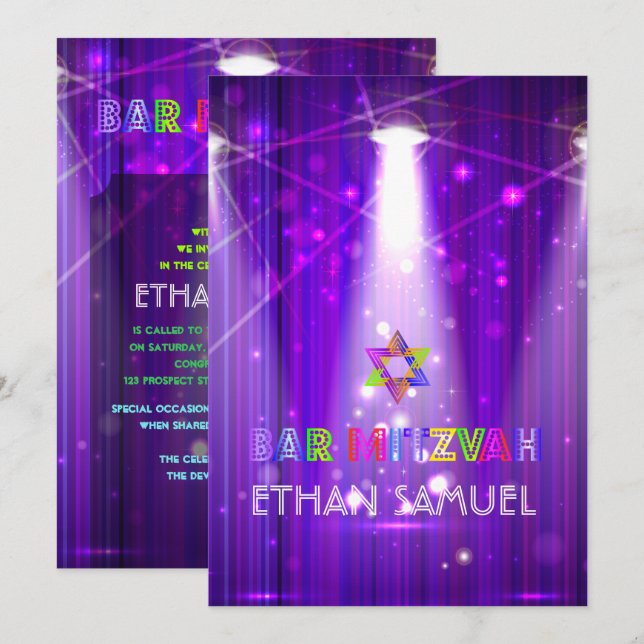 Invitation PixDezines laser / néon lumières barre mitzvah (Devant / Derrière)