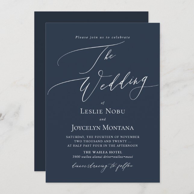 Invitation PixDezines Luxe Calligraphy Navy Blue Wedding (Devant / Derrière)
