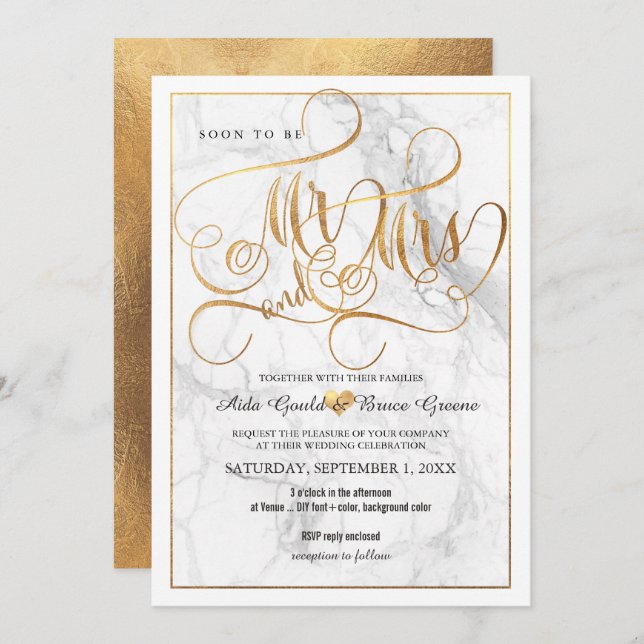 Invitation PixDezines M. Mme Faux Gold Fancy Script+Marble (Devant / Derrière)