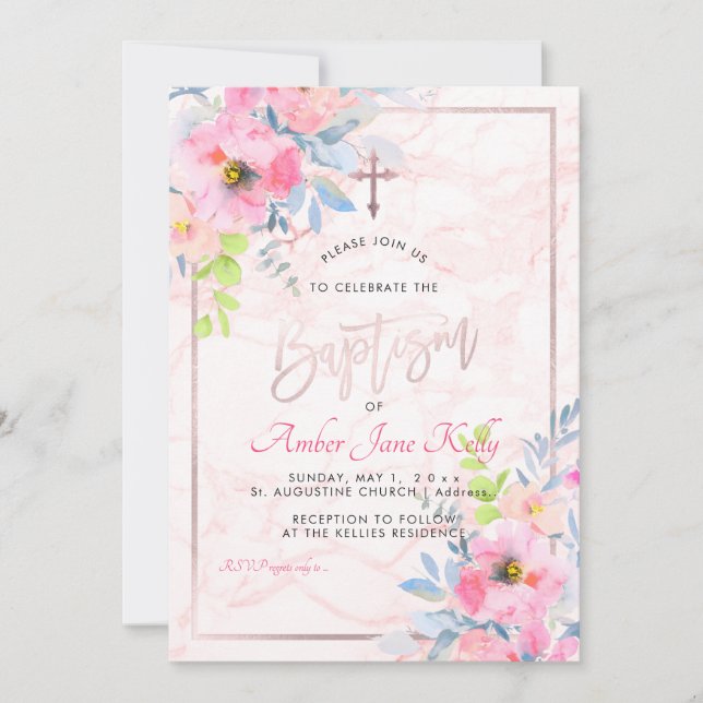 Invitation PixDezines Marble+Aquarelle Fleurs/Baptême (Devant)