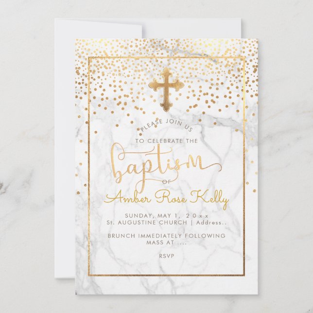 Invitation PixDezines Marble+Faux Gold Confetti/Baptême (Devant)