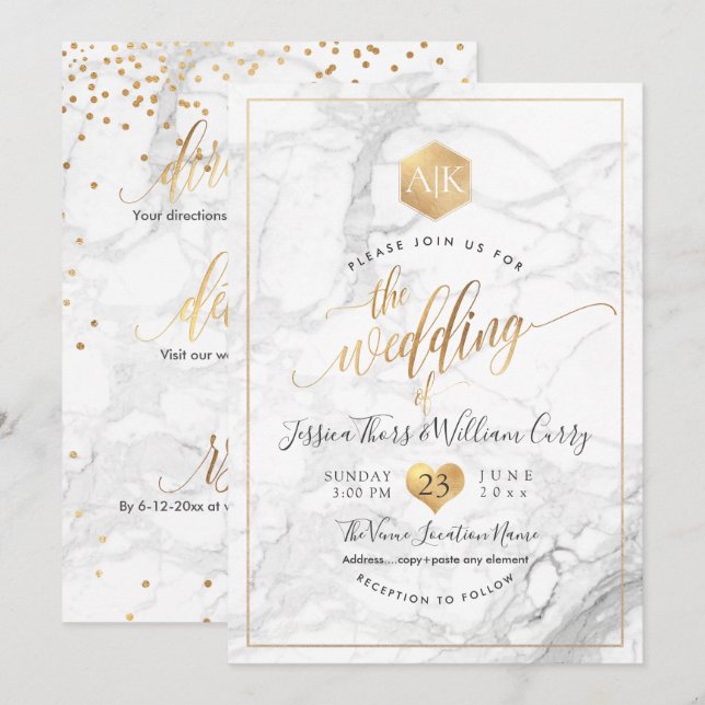 Invitation PixDezines Marble+Faux Monogramme Or Honeycomb (Devant / Derrière)