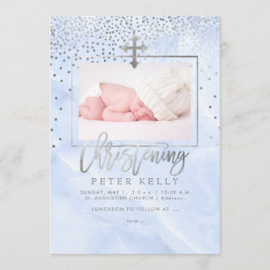 Invitation PixDezines Marble+Faux Points Argent/Christening
