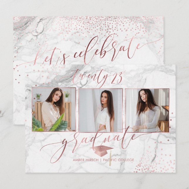 Invitation PixDezines Marble Faux Rose Gold 2018 Graduation (Devant / Derrière)