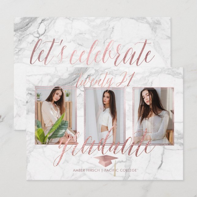 Invitation PixDezines Marble Faux Rose Gold Graduation (Devant / Derrière)