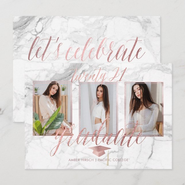 Invitation PixDezines Marble Faux Rose Gold Graduation Invita (Devant / Derrière)