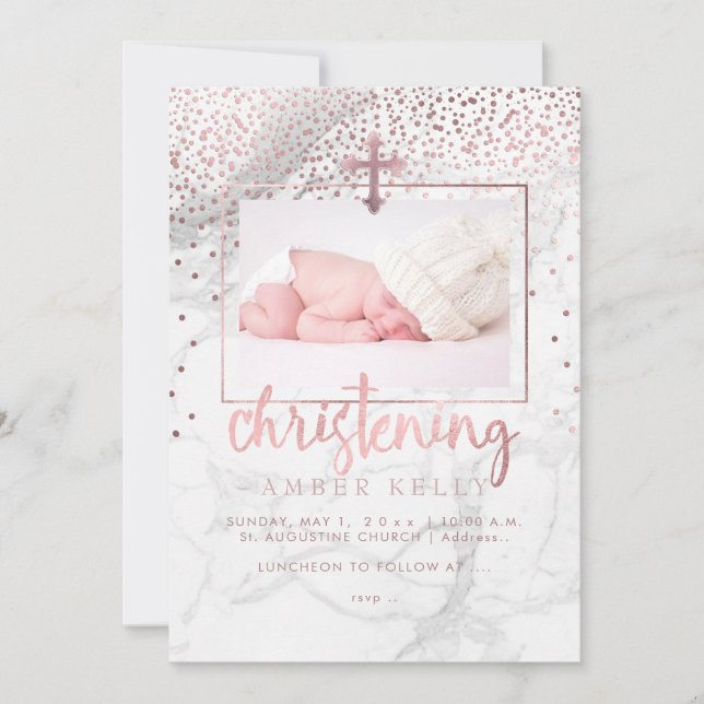 Invitation PixDezines Marble+Faux Rose Points Or/Christening (Devant)