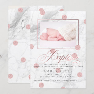 Invitation PixDezines Marble+Faux Roses Gold Dots/Baptême